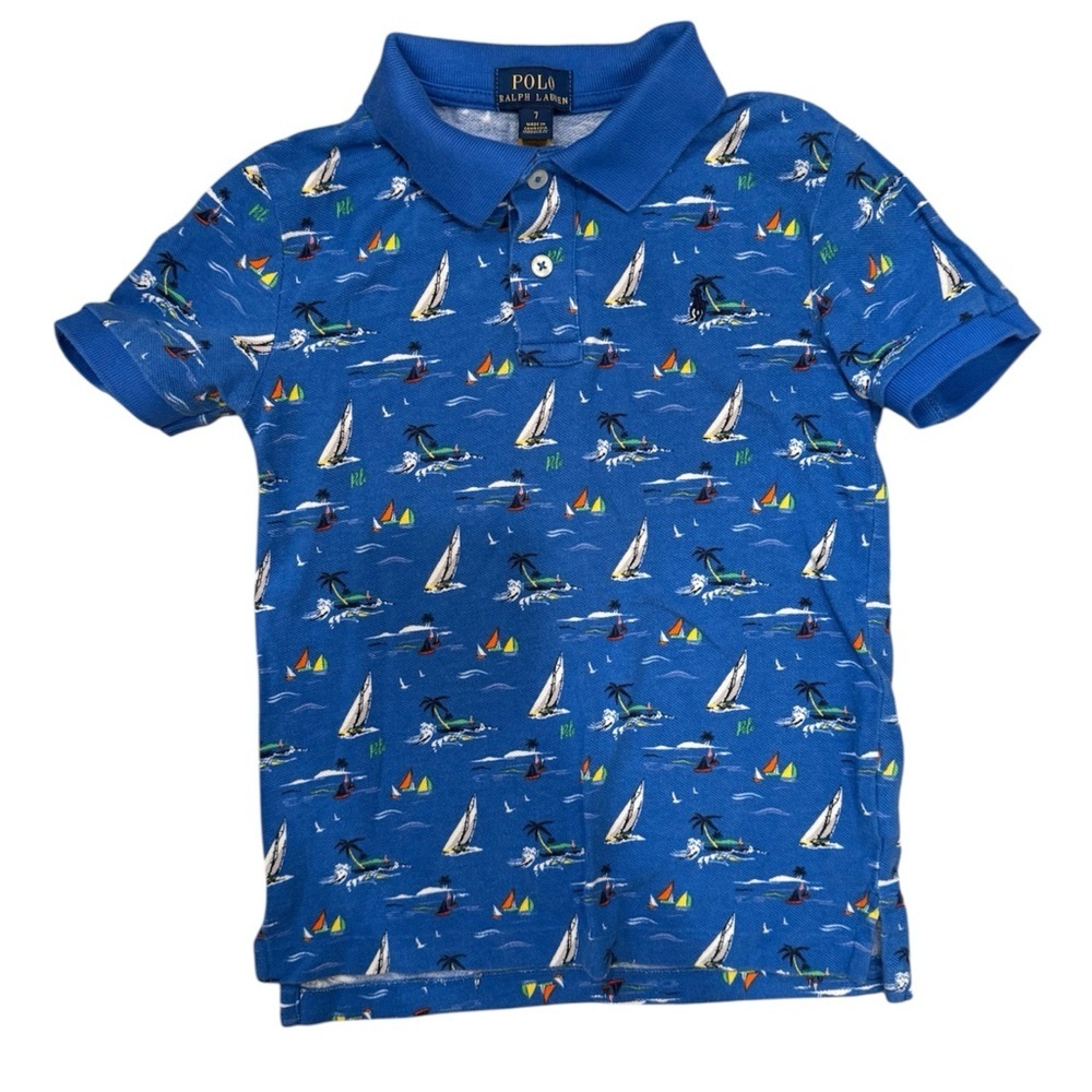 Polo Ralph Lauren Boy’s Blue Sail Boat Ocean Print Collared Shirt